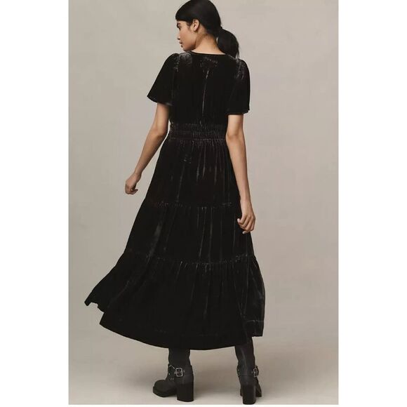 NWT Anthropologie Somerset Gray Tiered v neck velvet maxi dress XXS - Picture 4 of 14